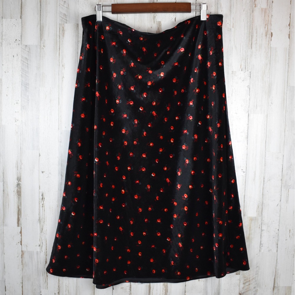 Loft Velvet Midi Skirt XLP XL Petite Black Red Floral Stretch Holiday Party NWOT